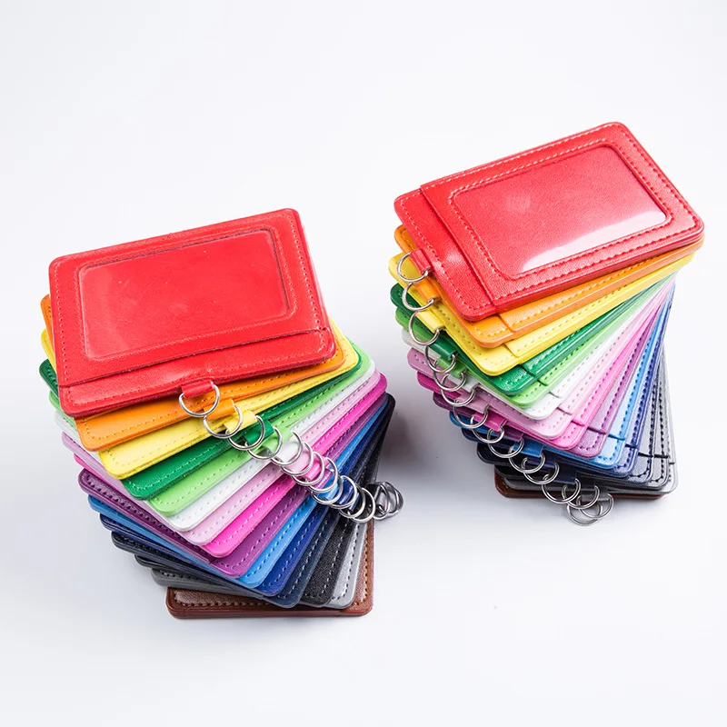 Promotional wholesale vertical removable with 2 credit card slots pu leather Id badge card holder