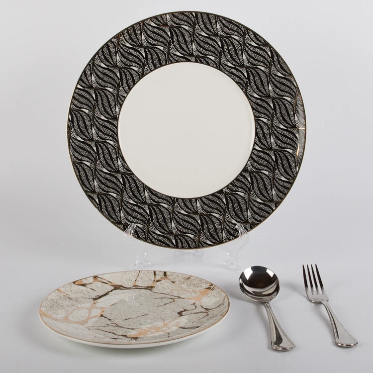 Gold and black marble decal glazed plated tray round plate dish dinnerware
