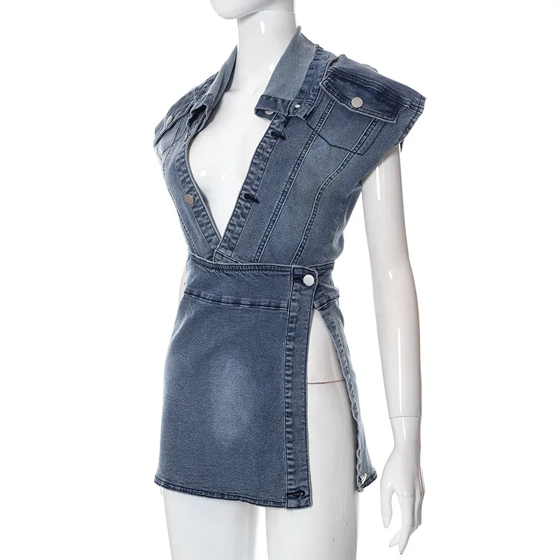 Shareee Spring Clothing 2023 Y2k Two Pieces Set Sleeveless Denim Jacket Denim Skirt Fashion Washed Denim Women 2 Pieces Set