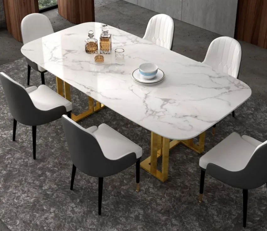 Nordic Light Luxury Furniture Marble Top Dining Table Restaurant Table Sets Gold Plated Frame