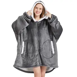 Wearable Blanket Hoodie with Zipper Fluffy Warm Sherpa Oversized Hooded Plush Sweatshirt with Giant Pocket