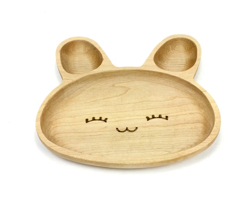 eco-friendly solid Wooden Personalization Child Kids burger chees breakfast bread cheese Snack Dish Baby First Animal Face Plate