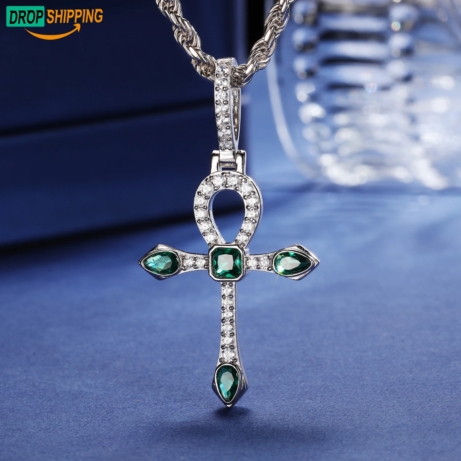 Dropshipping New Fashion Emerald Cross Necklace Gift High Quality 925 Sterling Silver AAAAA CZ Diamond Iced Out Cross Pendant