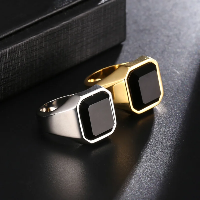 Wholesale stainless steel black big stone gold ring designs for men