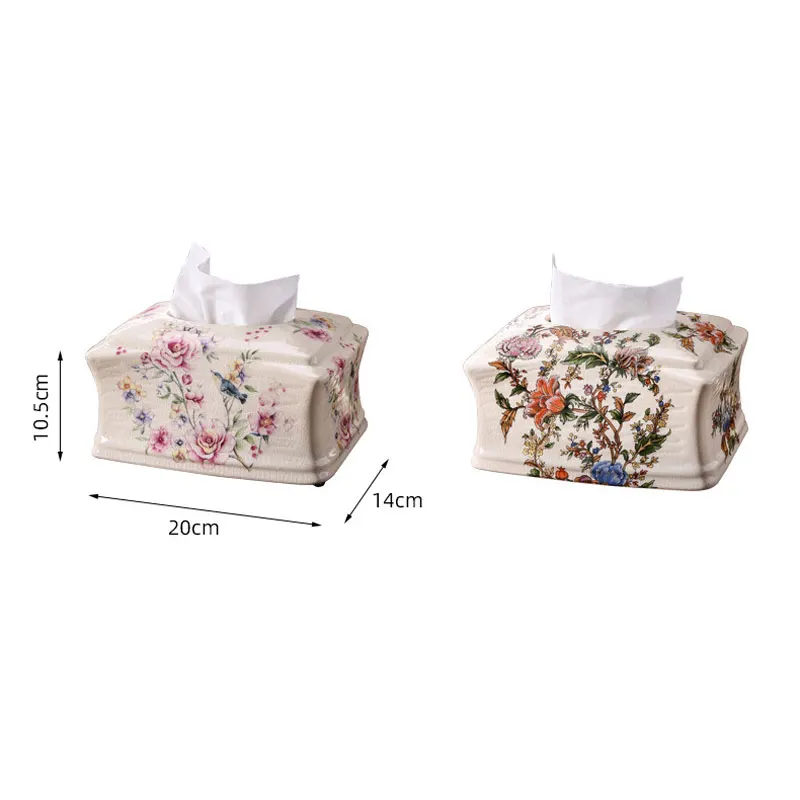 2024 Home Decor Fashion Ceramic Crafts Creative American Style Rustic Country Style White Floral Porcelain Tissue Box Holder