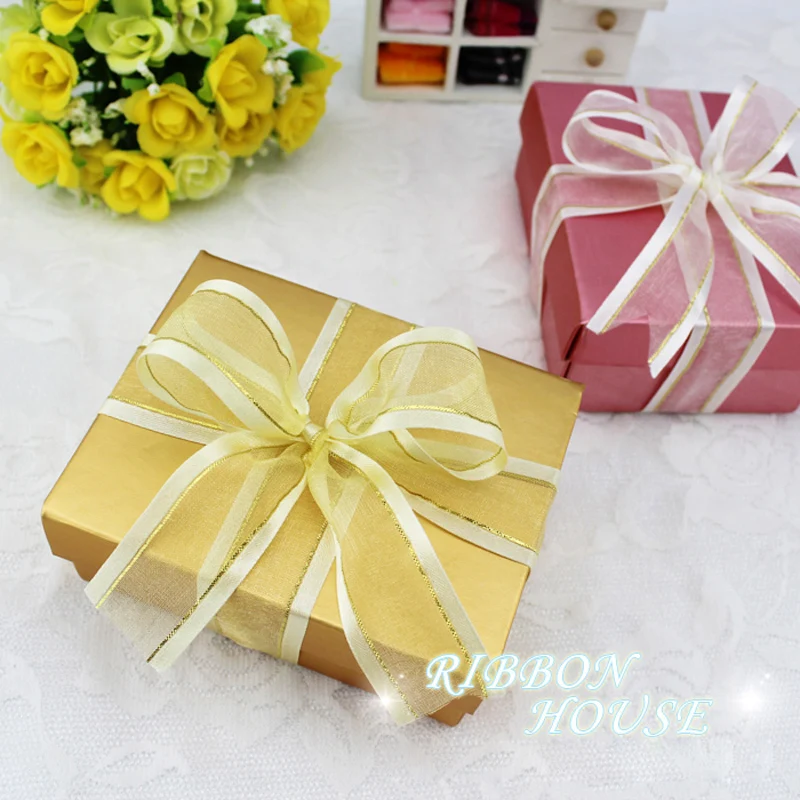 (10Yards/lot)  25mm White broadside gold edge organza ribbon wholesale gift wrapping decoration ribbons lace fabric wholesale
