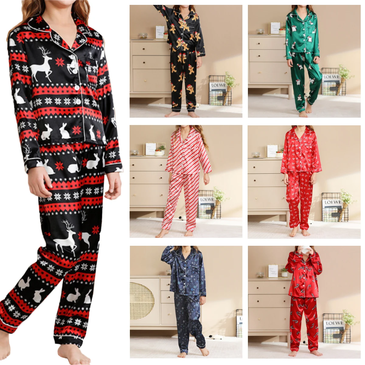 Custom Christmas Matching Parent-child Home Clothes Plaid Stitching Printing Kids Family Satin Silk Christmas Pajamas Suit