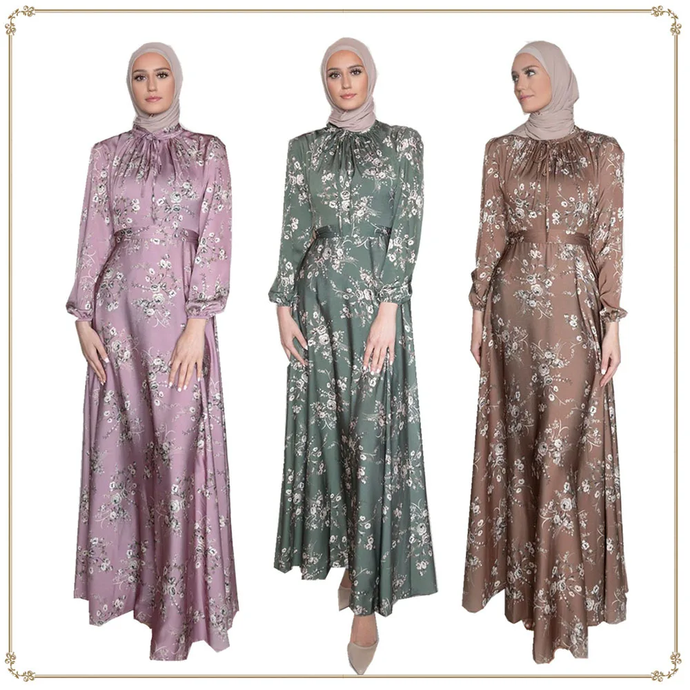 Crew neck turkish long dress muslim islamic clothing  floral print long sleeve maxi muslim women dress