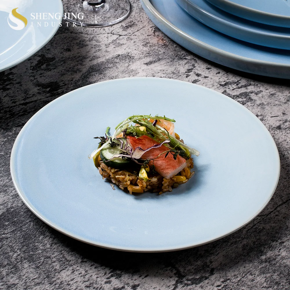 Light Raised Edge Vajilla Platos Blue Reactive Dinner Plate Side Prato Ceramic Dinnerware Flat Steak Dishes Coupe Round Plate