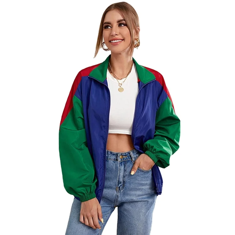 Clothing Manufacturers Custom Zip Up Colorblock Windbreaker Jacket Women