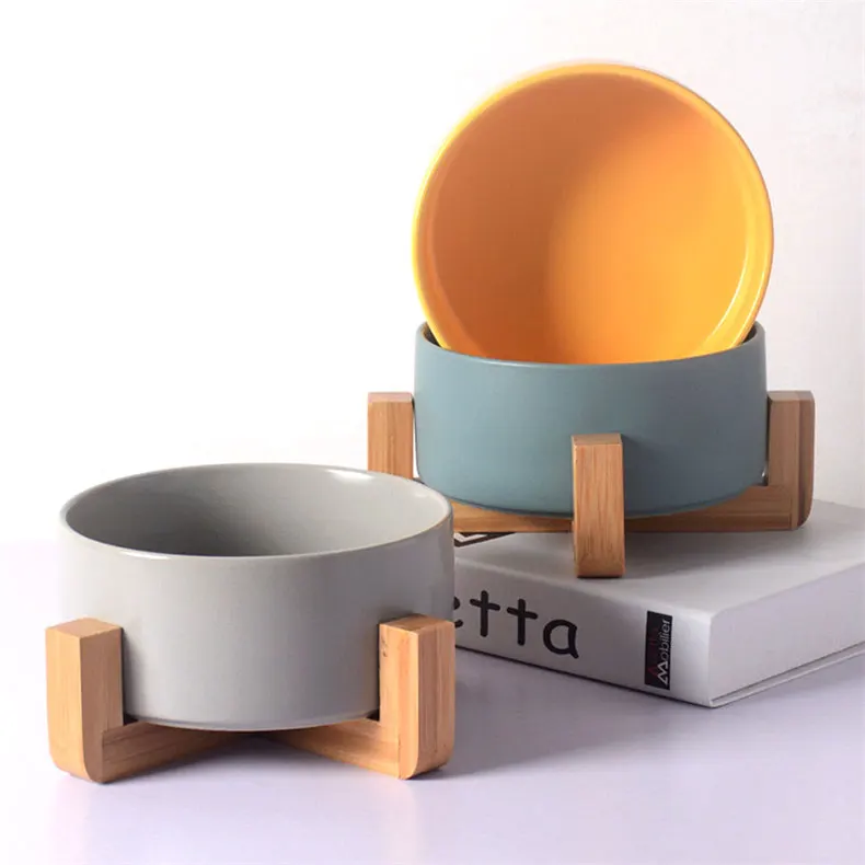 
Jade-cer wholesale color glazed ceramic pet dog cat food and water bowl with wooden frame stand 