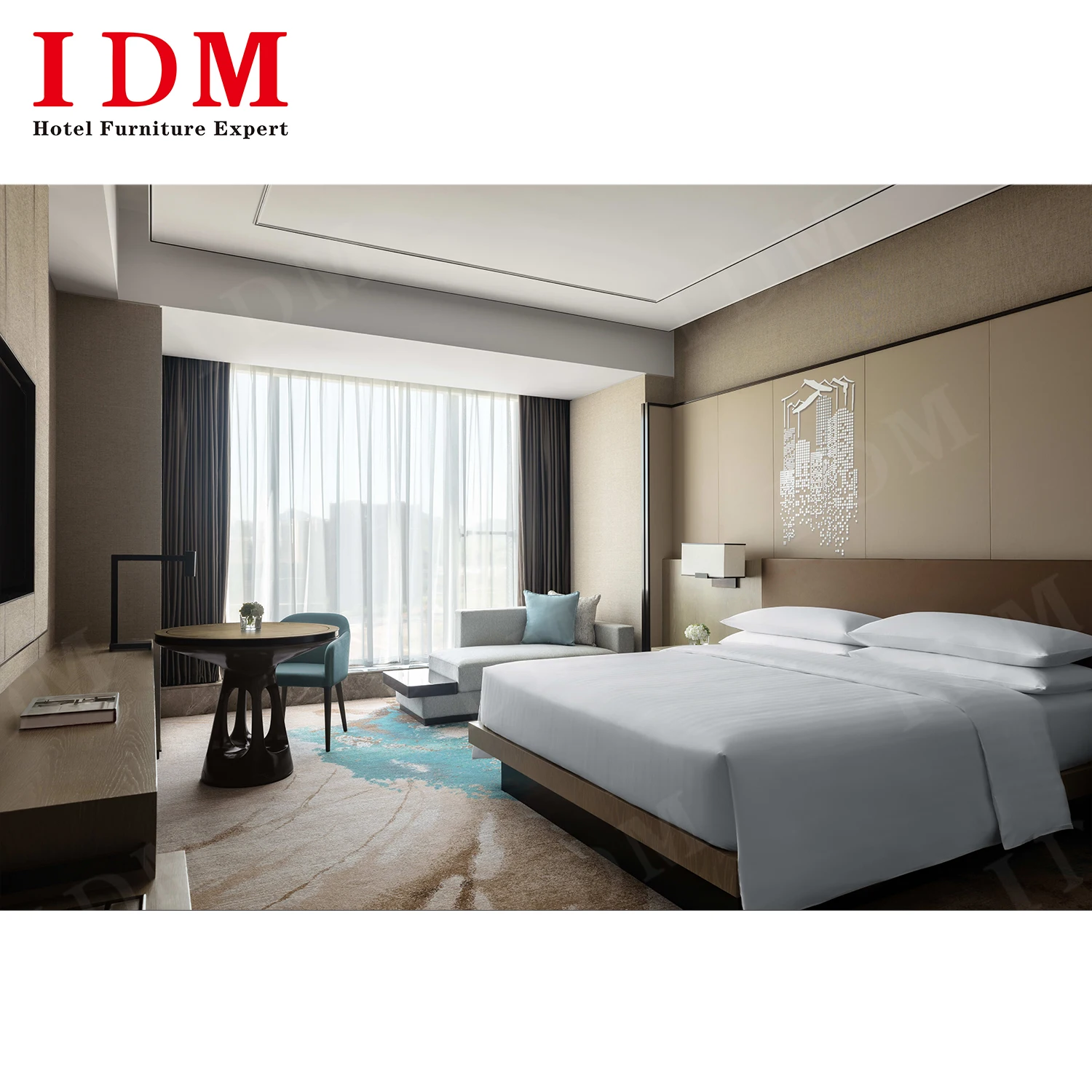 Modern deluxe commercial luxurious hotel bedroom furniture set with pillow sleeping double bed for hotel room furniture