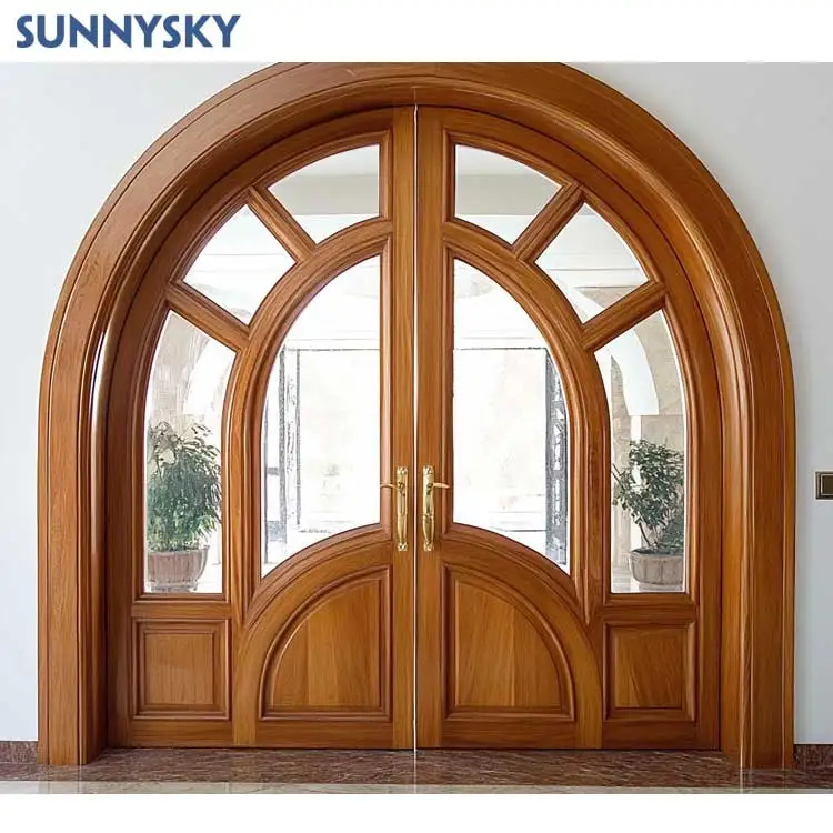 Sunnysky Soundproof interior modern wooden arched doors custom solid wood round top glass doors with frames