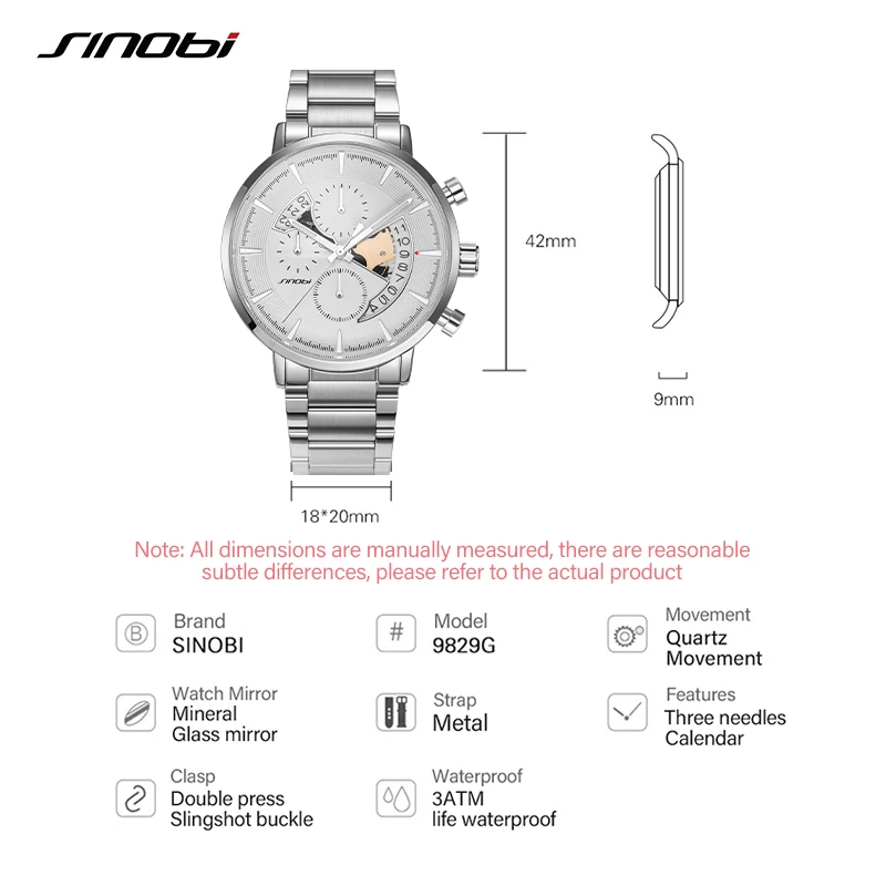  Sinobi Fashion Black Men Watch with Calendar Design Luxury Mens Wristwatch Chronograph Quartz Watches