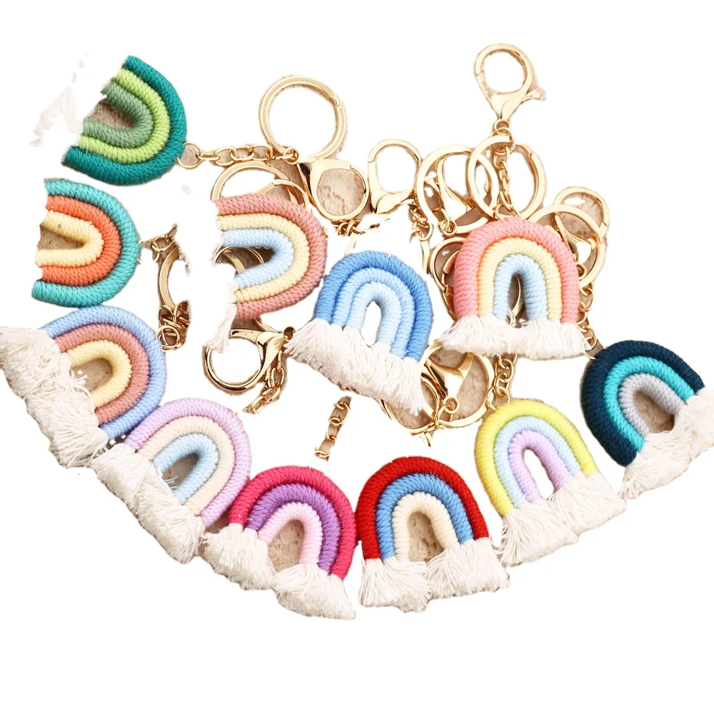 Boho Cotton Rainbow Tassel Key Chains Car Pendant Bag Accessories Woven Keychain Charm Boho Rainbow Macrame Tassel Keychains
