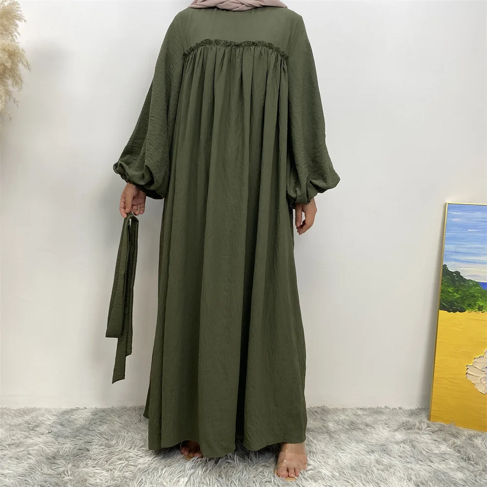 8 Colors Big Loose Sleeves Wrinkle Crepe Crew Neck Closed Abaya Cute Bust Pleats Maxi Dresses With Side Pockets