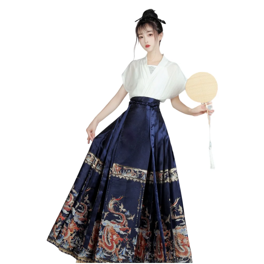 Оригинальный синий стиль Hanfu Женский полный комплект Древний китайский тканый золотой дракон текстиль Макияж Цветок лошадь юбка
