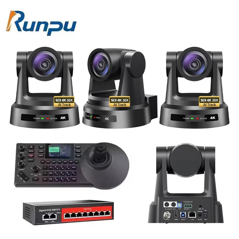 USD2098 Free Ship Broadcast Kit HK690-30=4 pcs SDI 4K 30X Optical Zoom PTZ Conference Camera AI track+a ip controller+poe switch