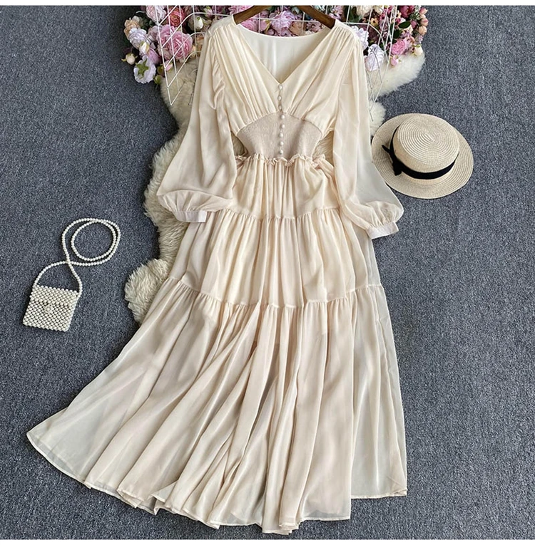 D9787  New 2023 Autumn V Neck Long Sleeve Slim Waist Patchwork Midi Dress Women Dresses Clothing Wholesale 10