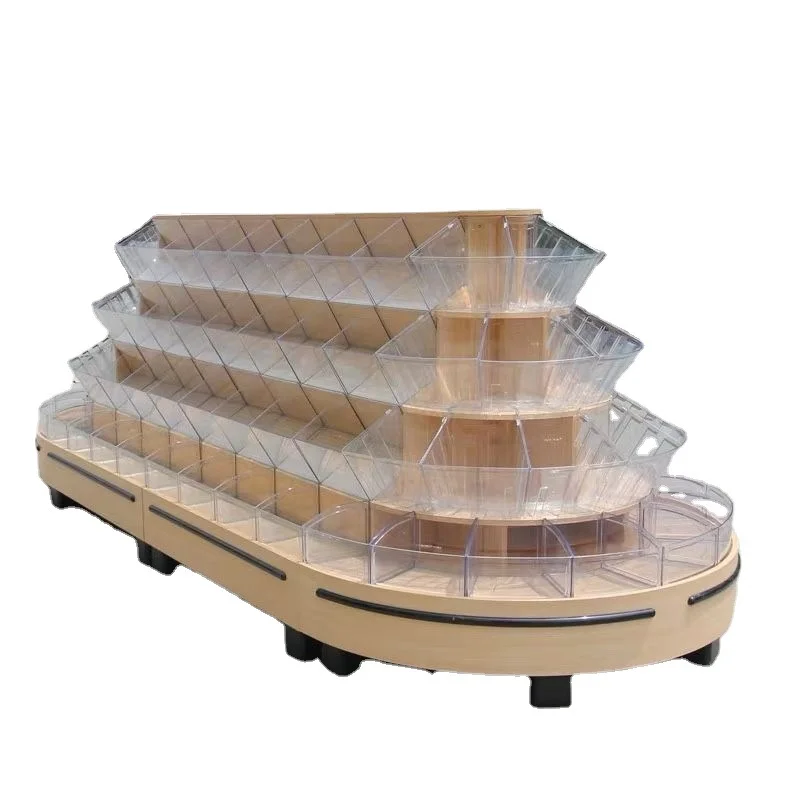 Supermarket bulk food steel and wood bulk container display shelves