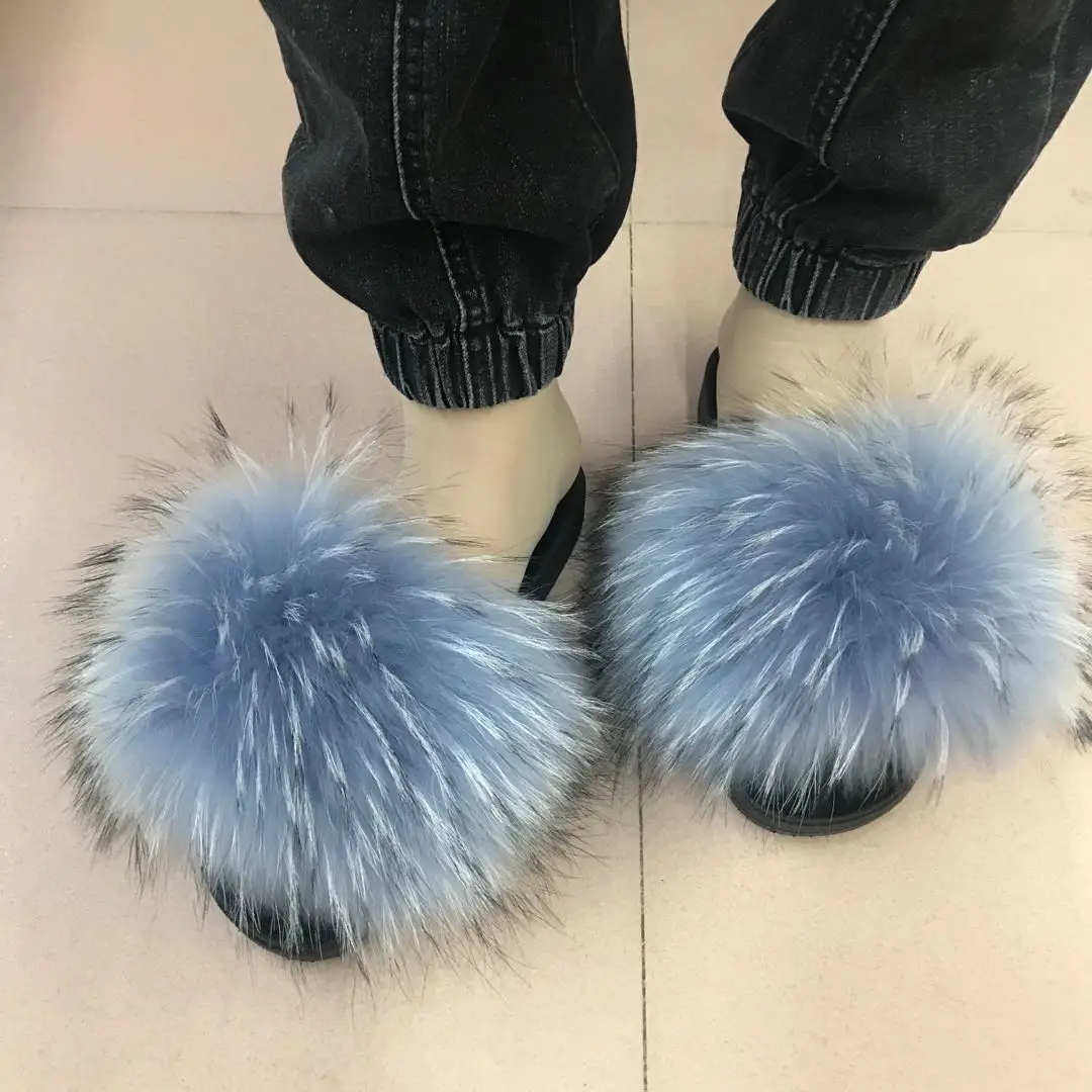 Customize fur slipper fluffy fox fur slides slippers for women cheap luxury fox fur slippers