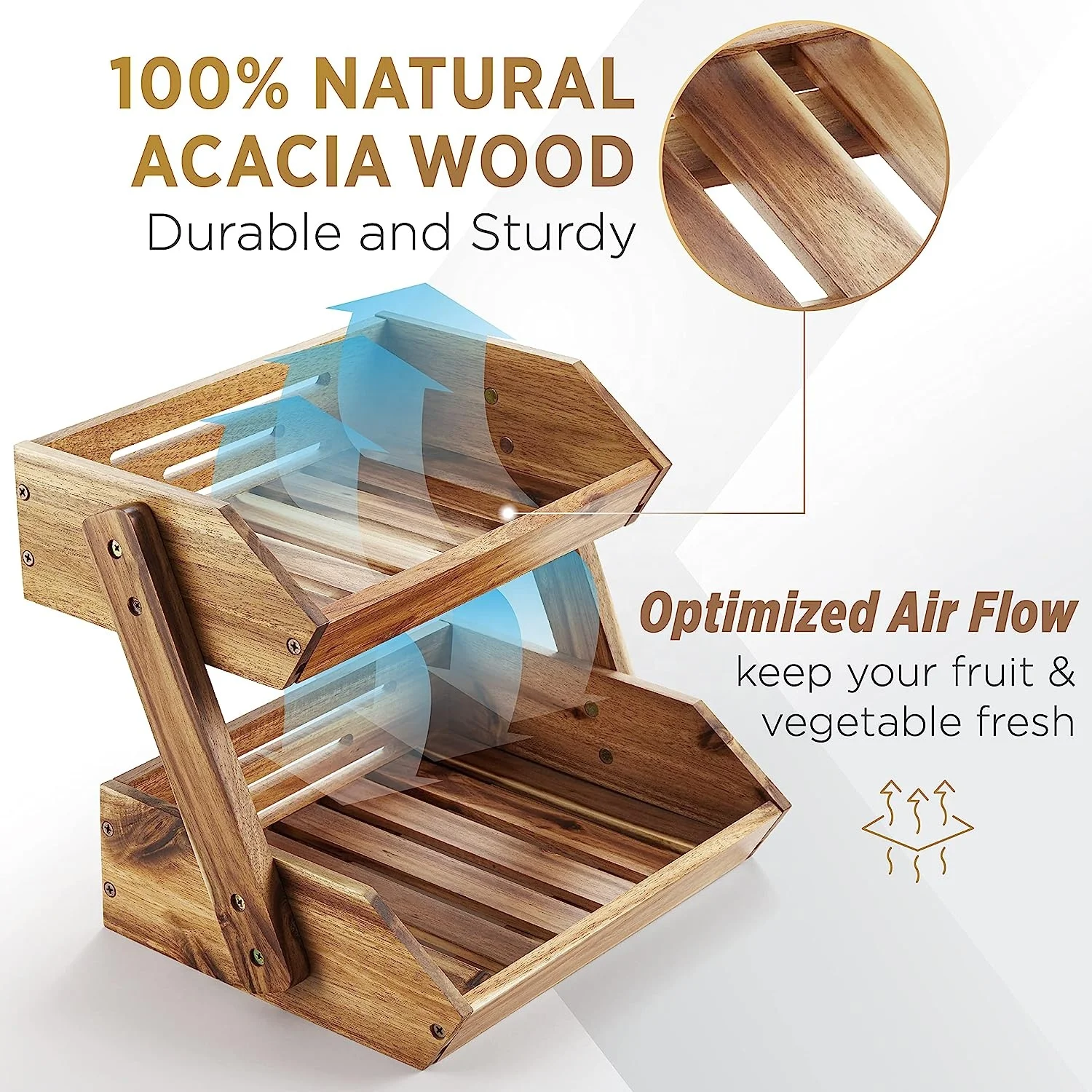 Large Capacity 2 Tier Bamboo Wood Fruit Basket Fruit Stand Storage Holder For Fruit,Vegetables,Bread Storage And Home Kitchen