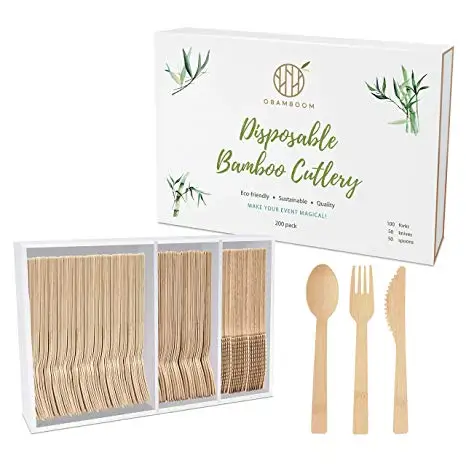 Amazon high quality 100pcs luxury biodegradable compostable bamboo cutlery fork spoon knife set for party
