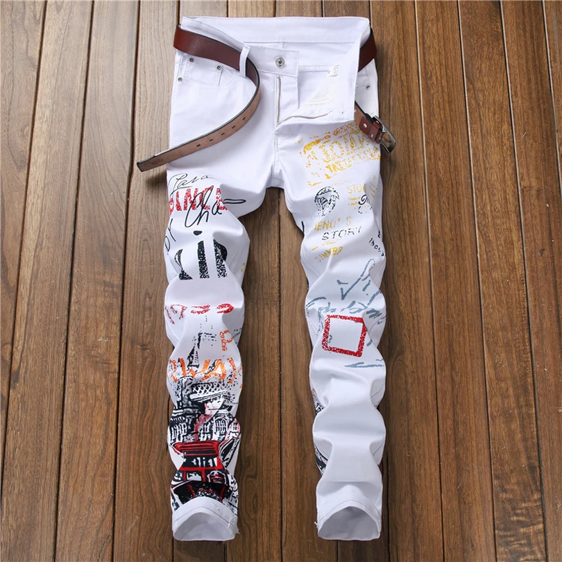 2023 American Style Printed Stretch Jean Homme White Skinny Slim Fit Denim Pantalon Long Pants Jeans For Mens