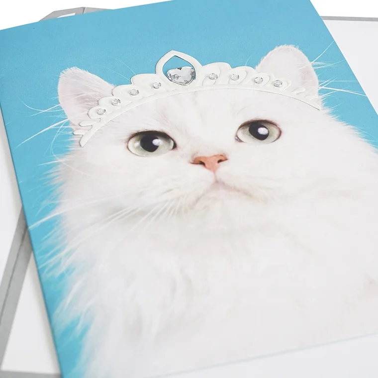 Elegant White Queen Cat Birthday Cards with Lovely Crown, Animal Handmade Custom Printing Greeting Cards