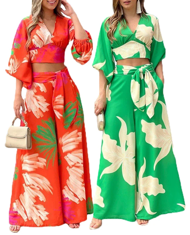 sweet floral  print shirt two piece sets lantern sleeve crop top blouse high waist wide leg pants 2 piece set women fall 2022