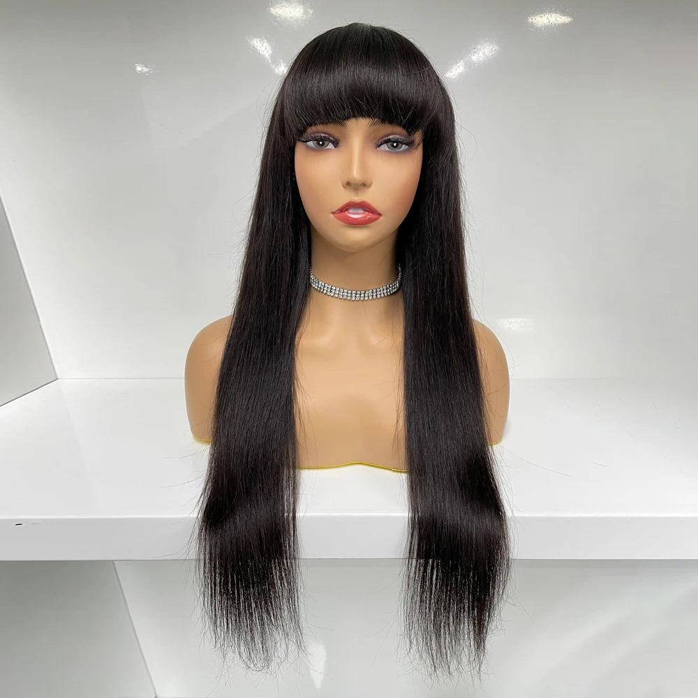 Luke Custom Natural Black Bang Wigs New Style Long Wigs With Bangs 30 32 40 Inches No Lace Human Hair Wig With Bang