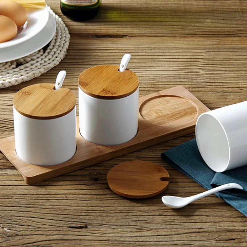 Nordic Kitchen Creative Ceramic three-piece set of Seasoning Jars With Spoon and Wooden Tray