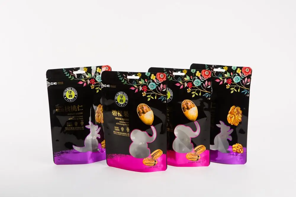 Snack Food Packaging - Patterned Dis-Metalized Window Shelled Walnut Stand Up Pouch Zipper Bag