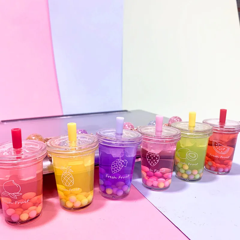 2020year  Girls Fashion Milk Tea boba Glitter Design Key Rings Gift Detachable Keychain