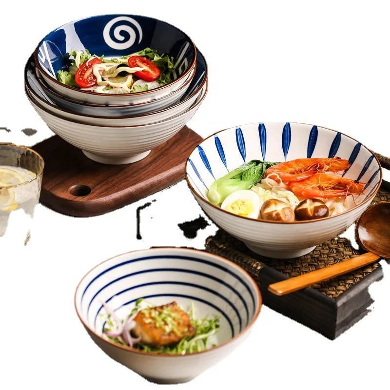 7inch 8inch  popular style black blue white ceramic different types round japanese ramen salad noddle bowl