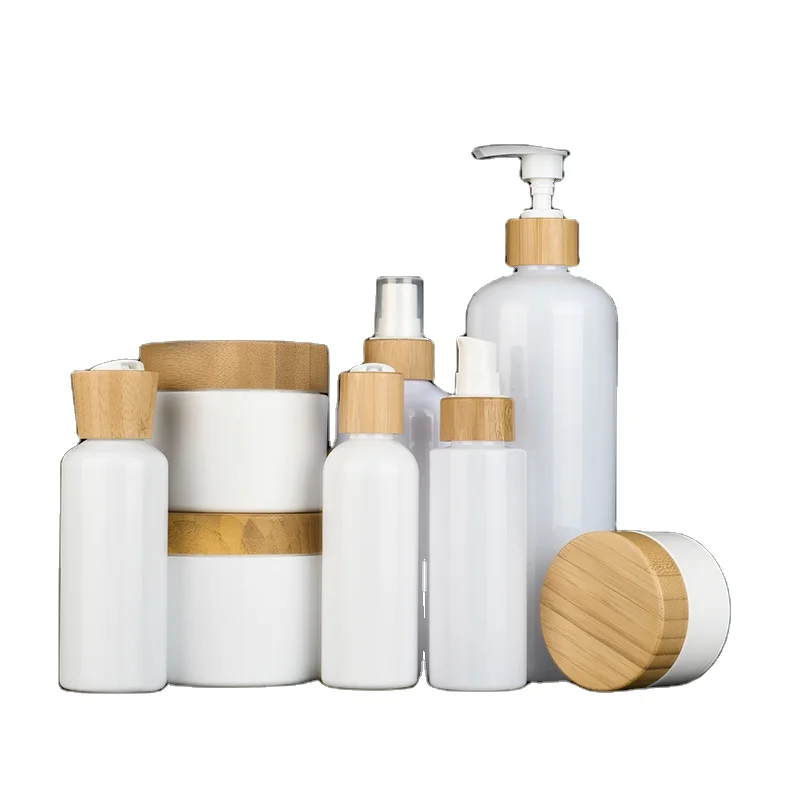 Bamboo Lid Cosmetic Packaging Pet Pump Lotion Bottle Wooden Cap Frosted Plastic with Bamboo 30ml 60ml 120ml 250ml 500ml Amber