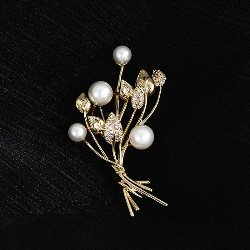XZ60239 Gold electroplated micro-inlaid Zircon Leaf Brooch Pearl Bouquet Pin Small fragrance corsage high touch banquet pin