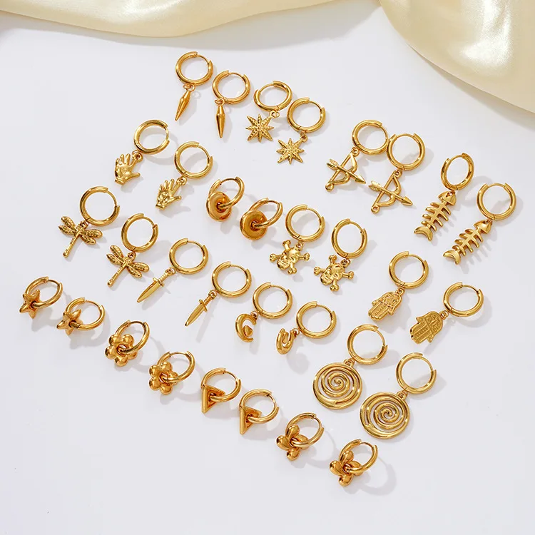 Cute Stainless Steel 18K Gold Plating Earring Palm Fishbone Dragonfly Skull Charms Huggie Earring Dangle EarJewelry For Women