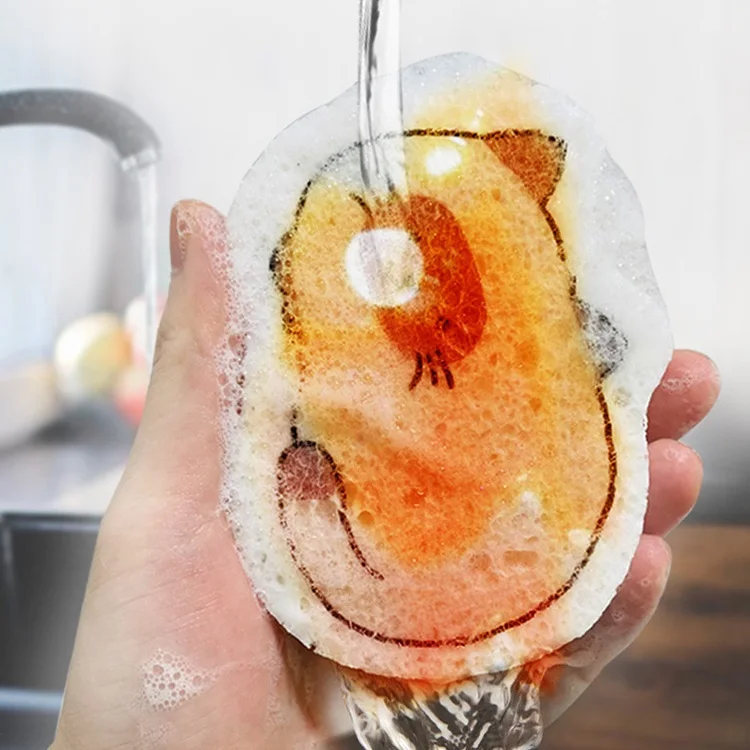 Compressed Wood Pulp Cotton Cartoon Sponge Dishwasher Water Absorbent and Oil Free Natural Wood Pulp Material Magic Wipe