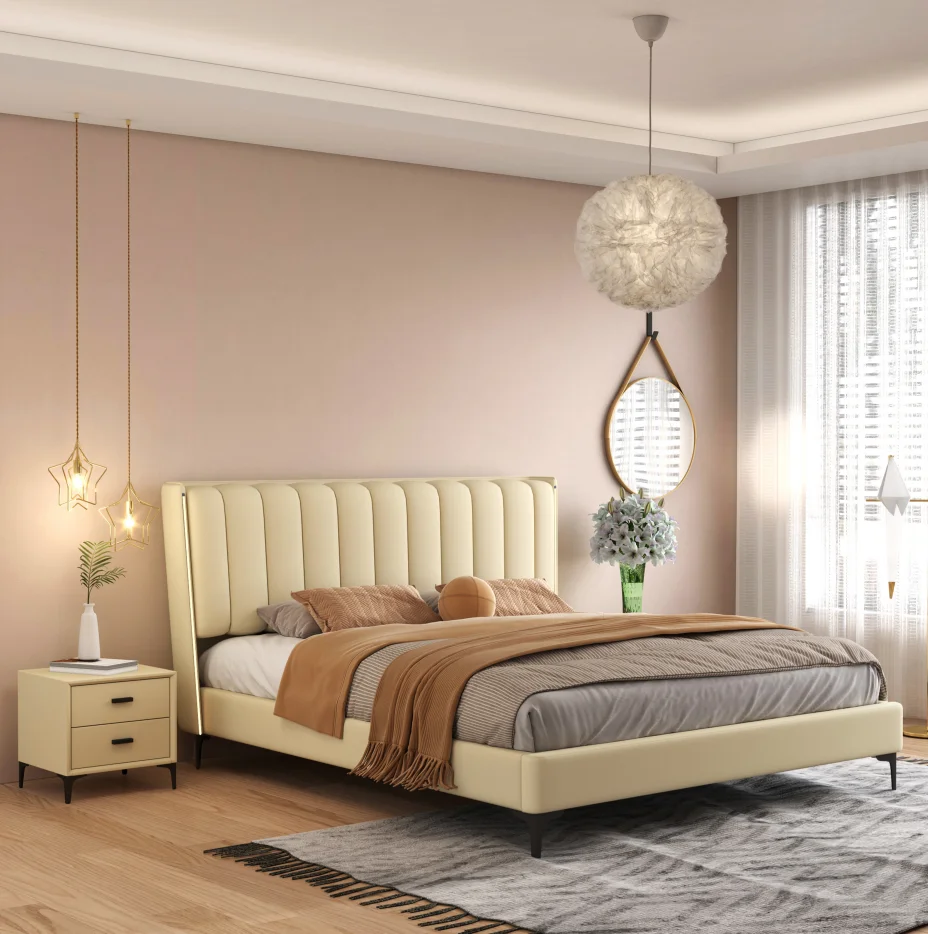 Modern Soft Leather Upholstered Bed Wholesale Sell Upholstered Headboard Queen King Size  Bed Frame