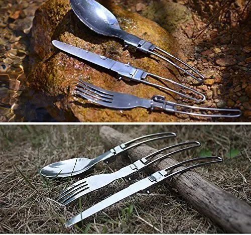 Folding Spoon Fork Knife Set - Portable 3 in 1 Folding Dinner Flatware Utensils , Stainless Steel Cutlery for Camping Picnic