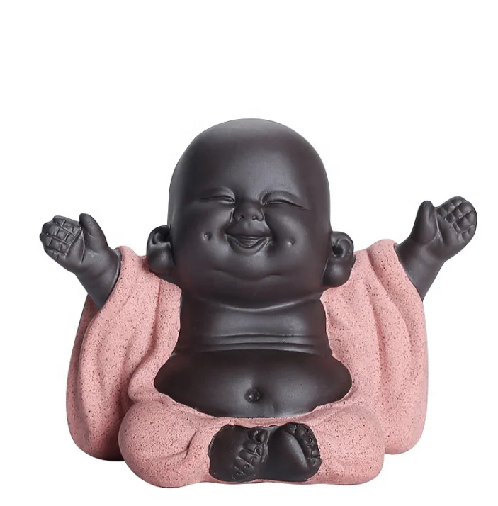 Handmade Tea Ornaments Small pink green Smile Laughing Little Monk Ceramic Buddha Statue