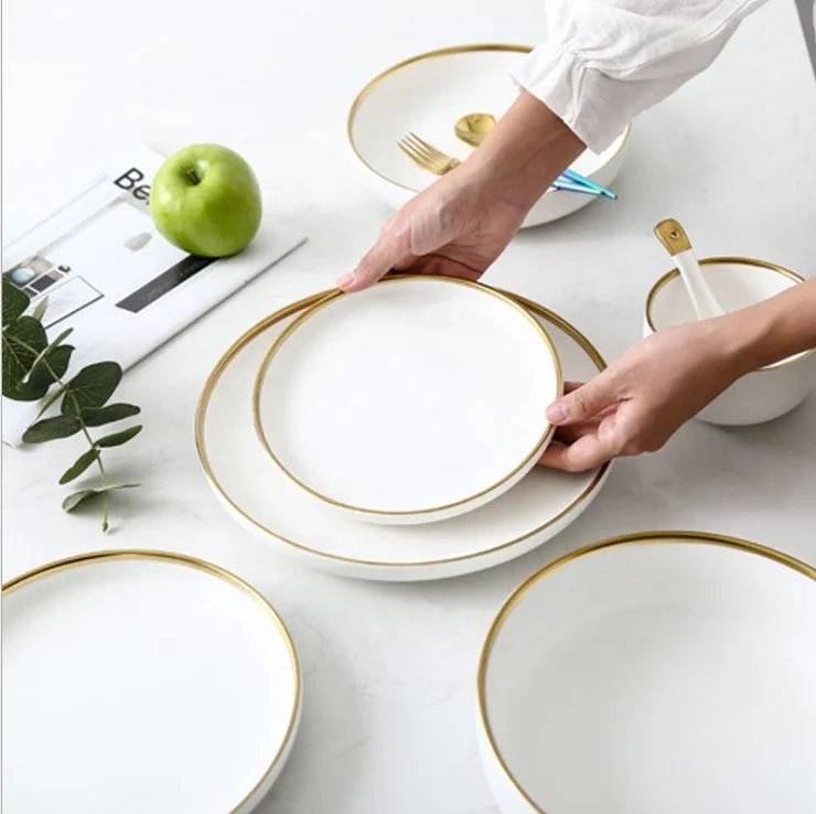 
Nordic Ins Style Gold Edge Ceramic Plates Bowl Simple Ceramic Dinnerware Set Western Deep Plate Bone China Dinner Sets 