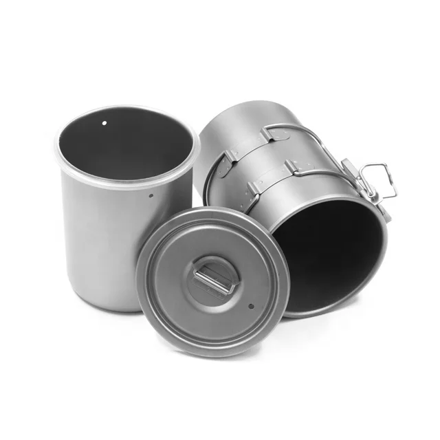 Titanium Pot Pan Set with Folding Handle Outdoor Camping Soup Pot Bowl Frying Pan Mess Kit Picnic Cookware