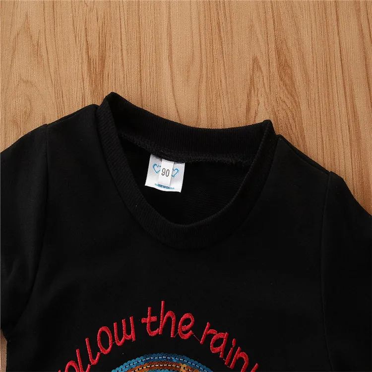 
Spring Autumn Kids Girl Clothes Black rainbow sweatshirts + ruffle pants 2pcs fashion girl clothing set 