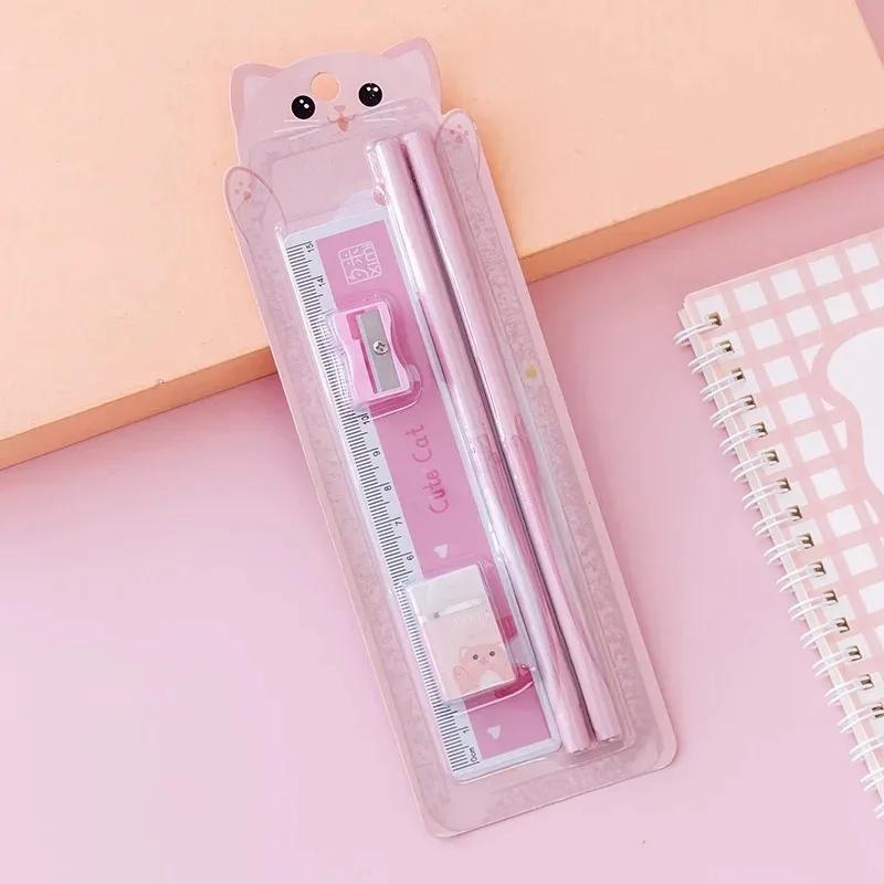 2024 Hot Sale Five Piece Stationery Set Children Birthday Gift Cute Kawaii Set Wholesale Ruler Rubber Pencil Sharpener