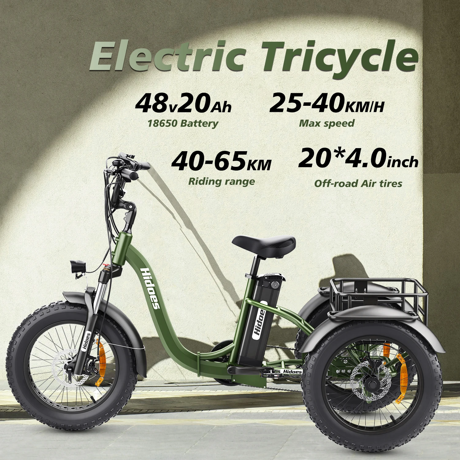 Central Motor Hidoes ET1 48v 750w 20ah Removable Big Battery Fat Tire Electric Tricycle/Cargo Bike