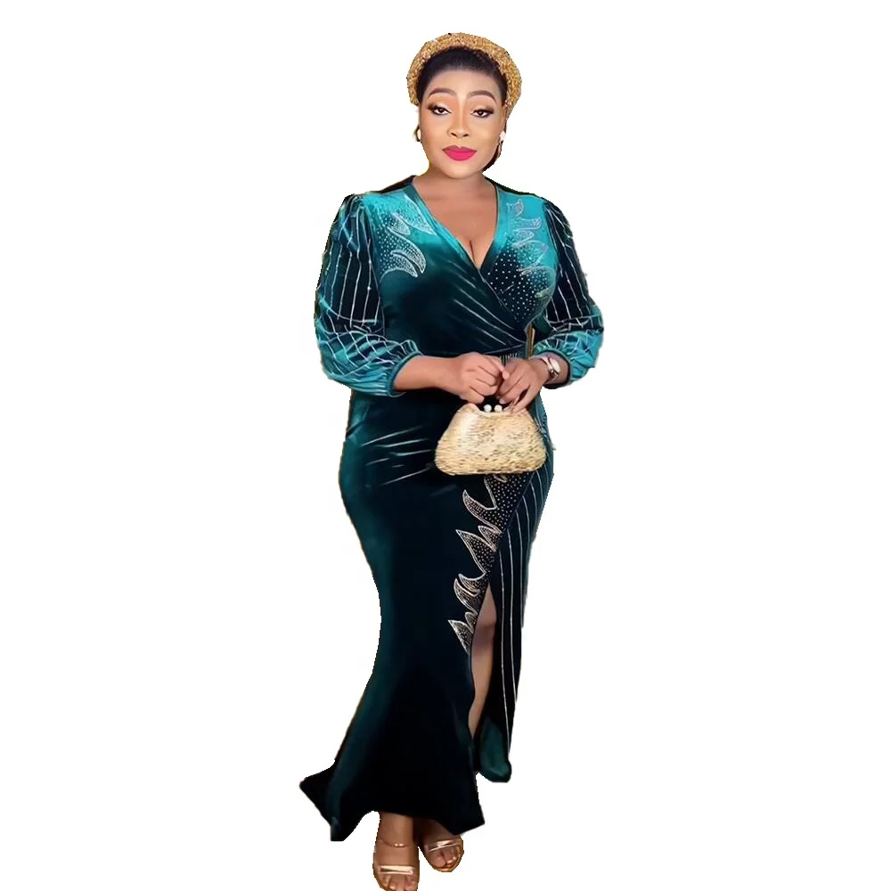 Good Selling Black Custom Design Dress Rhinestone Customized Women Clothing V-neck Velvet African Kitenge Designs Skirt