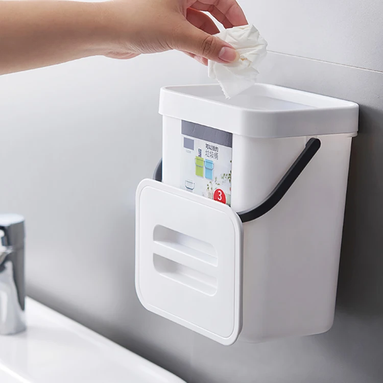 Custom LOGO Kitchen Punch-Free Wall-Mounted Trash Can Bathroom Dust Bin Creative Plastic Garbage Bin with Lid