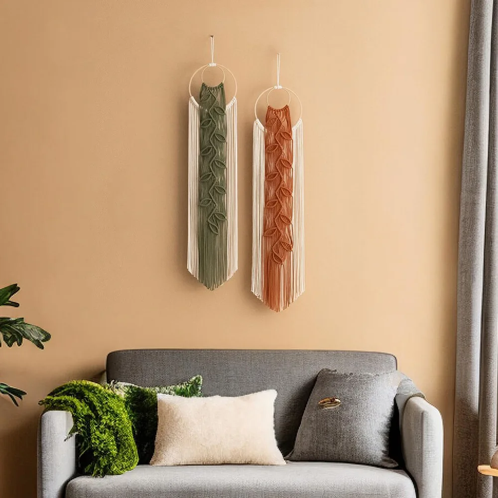 New Trending bohemian style bamboo circle tassel tapestry handwoven leaves colorful background wall carpet hanging